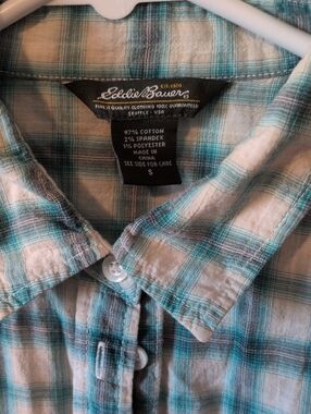 Eddie Bauer Teal and White Plaid Button-Down Shirt